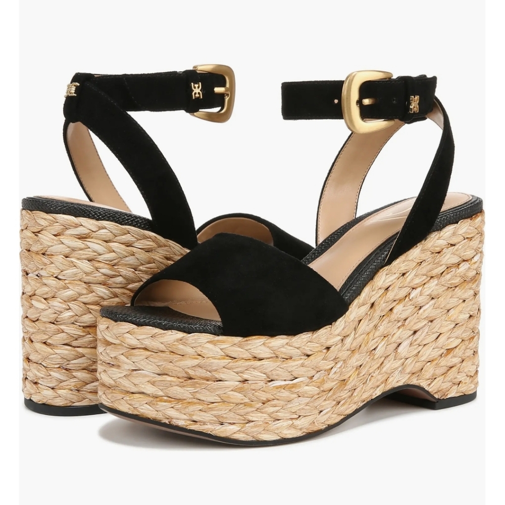 NWT Sam Edelman April Ankle-Strap‎ Raffia-Wedge Sandals Black Size 6.5